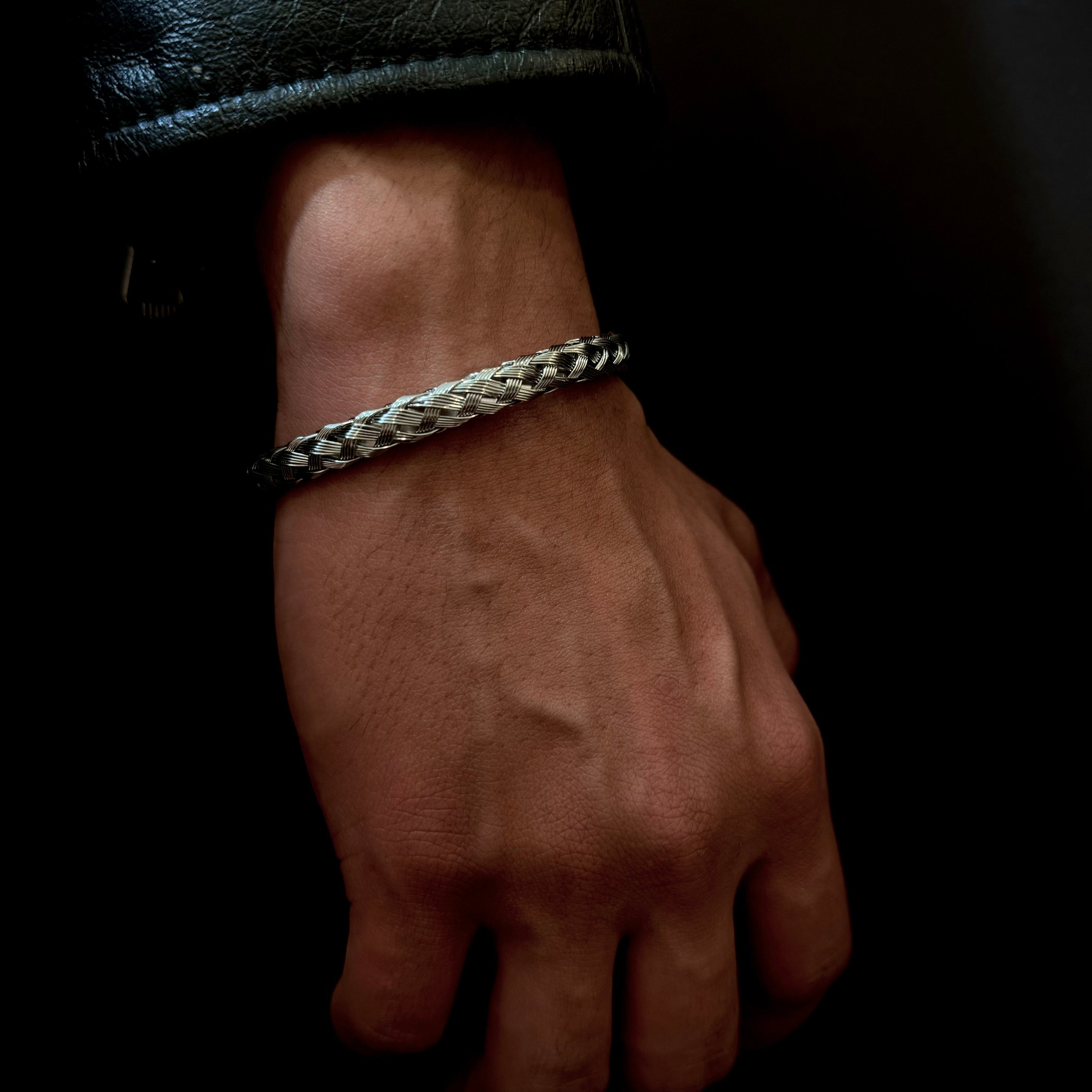 Silver Woven Cuff Bracelet- Size Adjustable - Stainless Steel