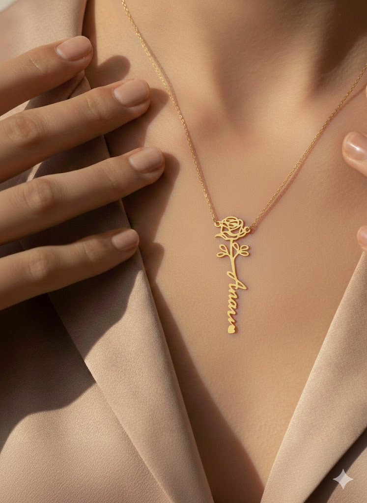 Birth Flower Script Personalized Name Necklace