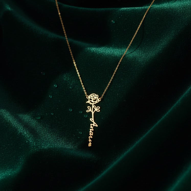 Birth Flower Script Personalized Name Necklace