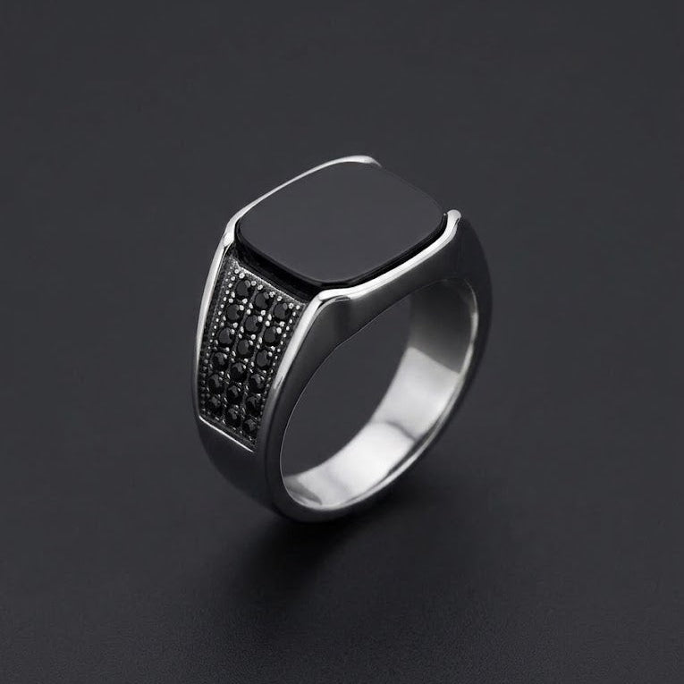 Black Onyx Studded Signet Ring
