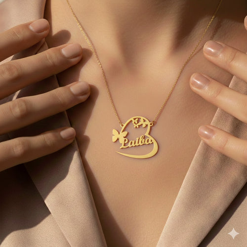 Butterfly Heart Script Personalized Name Necklace