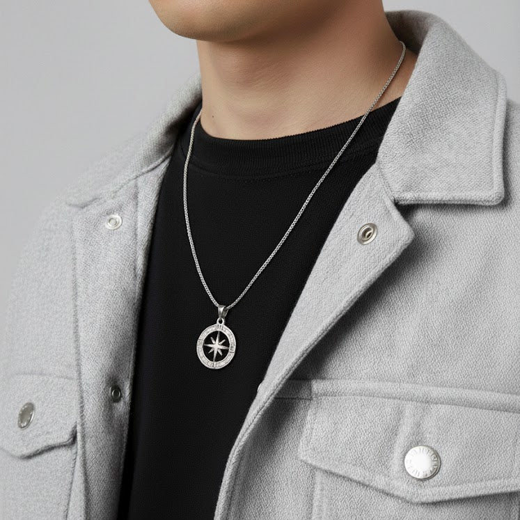 North Star Compass Pendant Necklace - Stainless Steel - 2O Inches