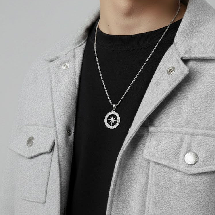 North Star Compass Pendant Necklace - Stainless Steel - 2O Inches