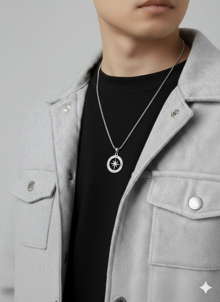 North Star Compass Pendant Necklace - Stainless Steel - 2O Inches