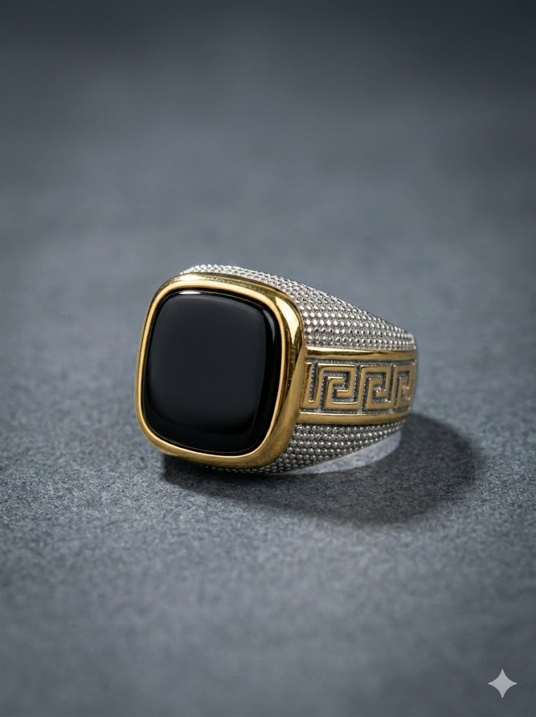 Two Tone Greek Key Signet Ring
