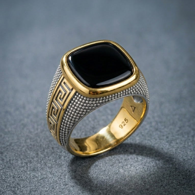 Two Tone Greek Key Signet Ring