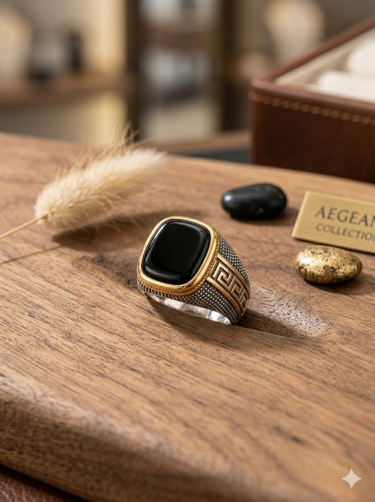 Two Tone Greek Key Signet Ring